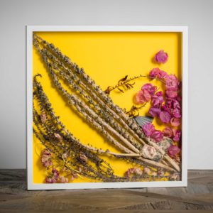 “Lei 2”-materiali: steli di knipfofia, lavanda, bouganville di siviglia, conchiglie dell’atlantico, roselline - 50x50 cm